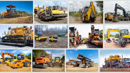 Collage of various construction vehicles on a construction site.